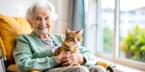 Adult daughter and older parent reviewing care options together at a kitchen table with notes and tea.
